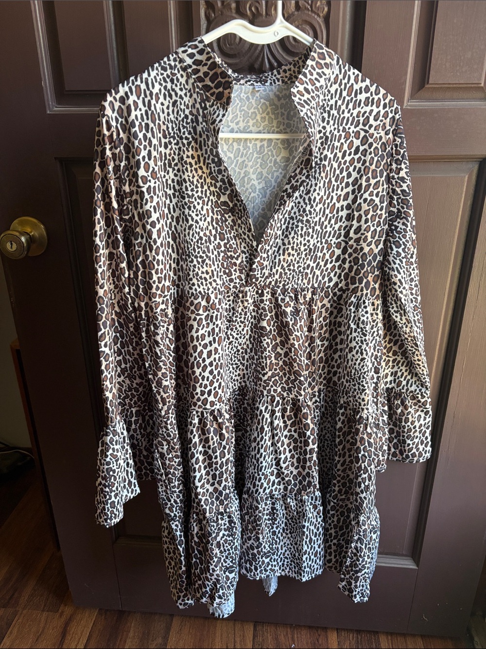 Animal Print Tiered Tunic Dress - Brown & Cream